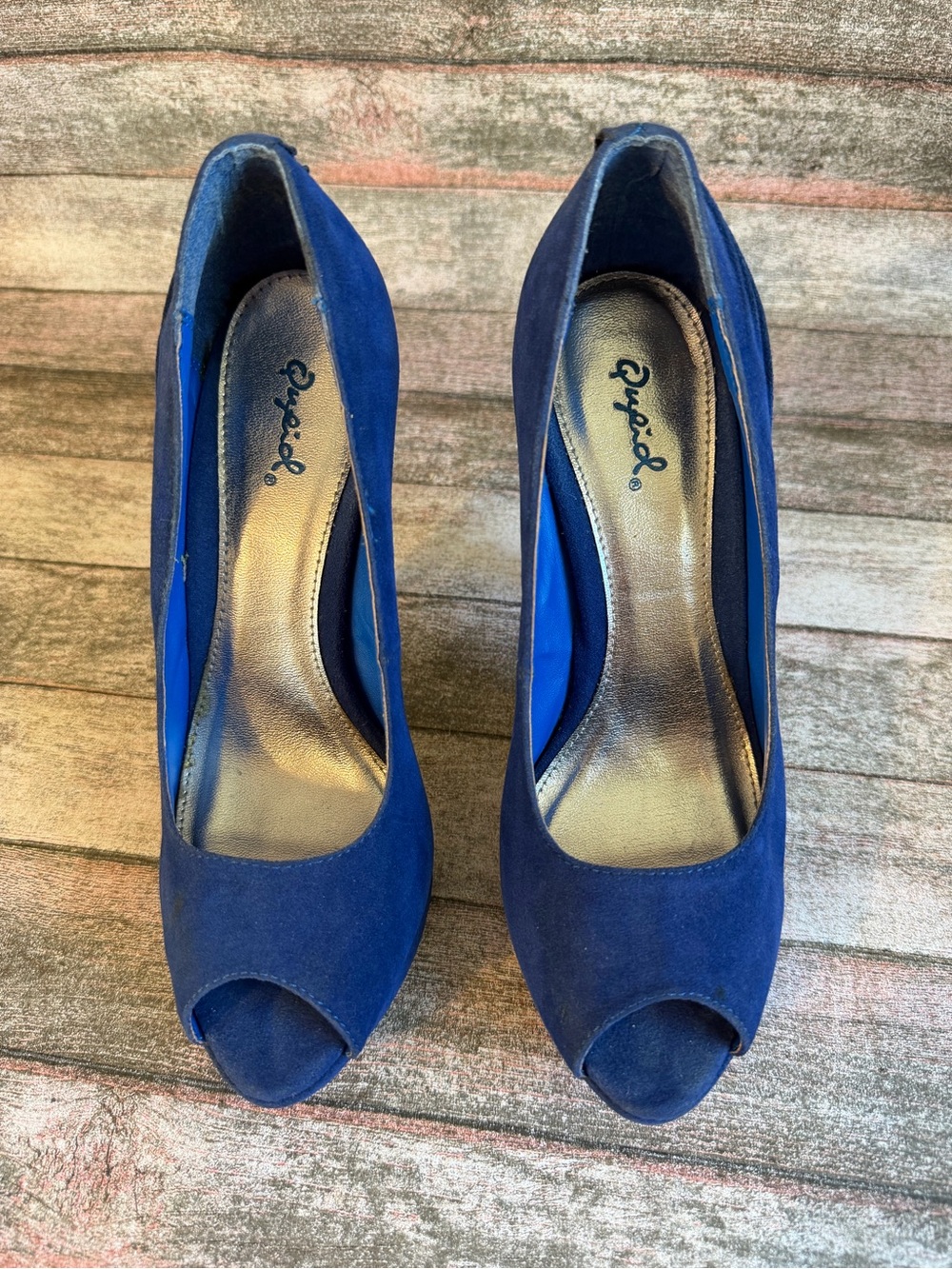 Qupid Royal Blue Suede Peep-Toe Platform Pumps - Picture 5 of 8